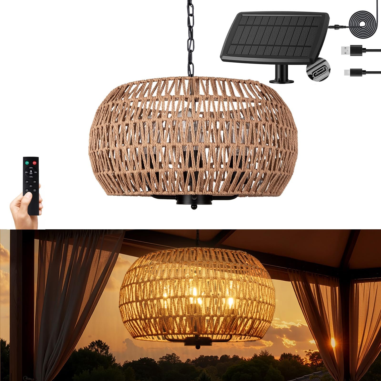 ALL FORTUNE Outdoor Solar Chandelier, 4-Light 19" Rattan Hanging Pendant Light, Waterproof
