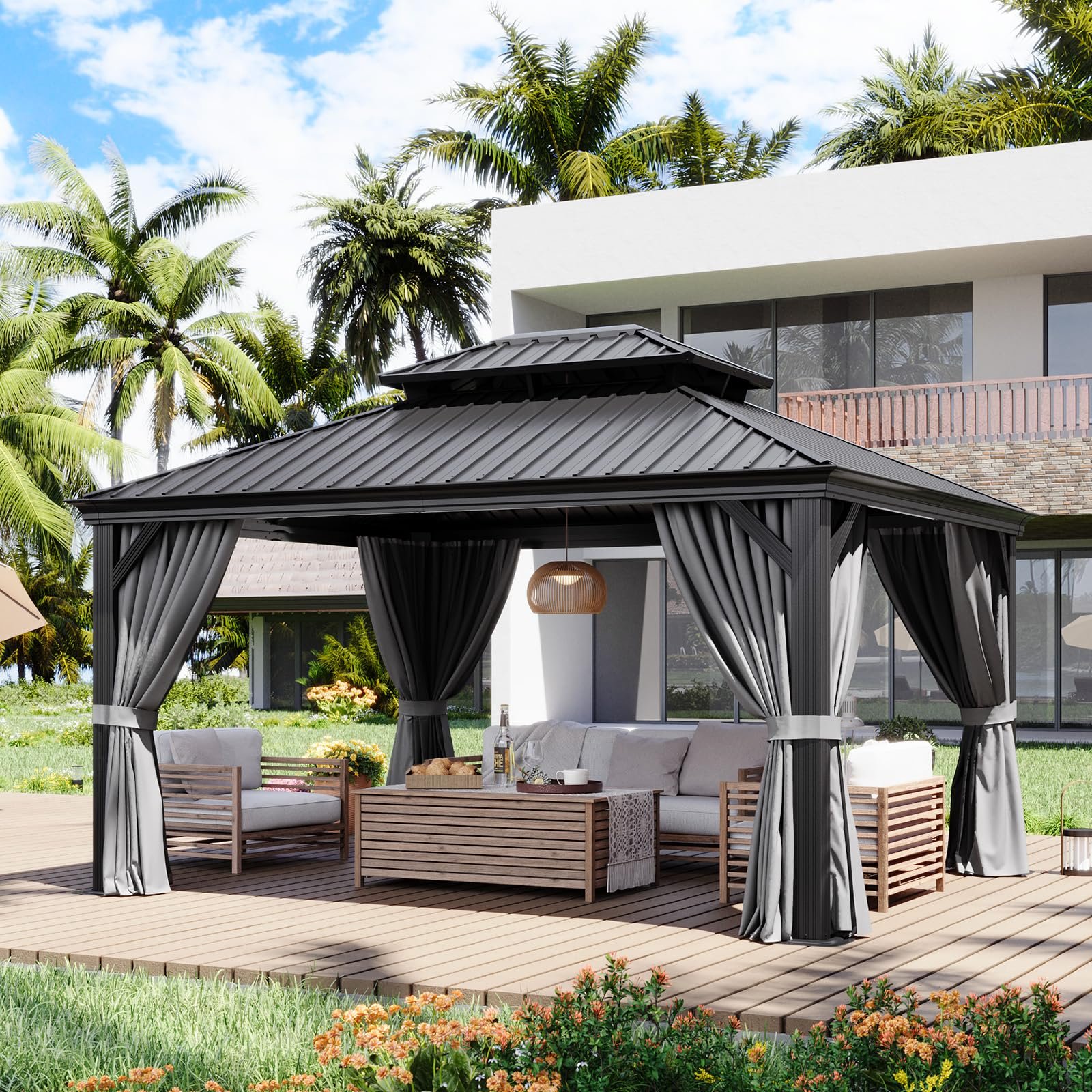 Aoxun 12' x 14' Hardtop Gazebo with Drainage System, Aluminum Frame, Galvanized Steel Double Roof