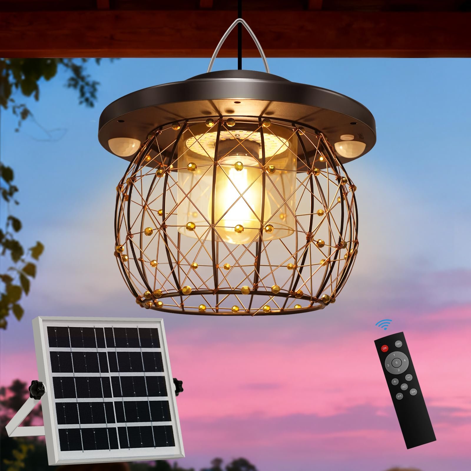 Auzev Solar Gazebo Chandelier with Motion Sensors, 3000 Lumen, Vintage Cage-Lantern Style, Remote