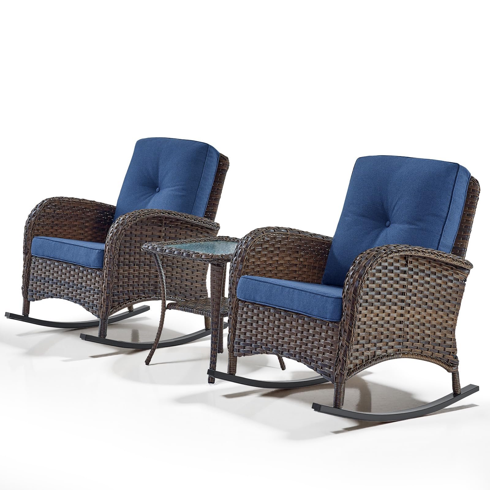 Belord Wicker Porch Rocking Chairs 3-Piece Bistro Set with Side Table, High-Back