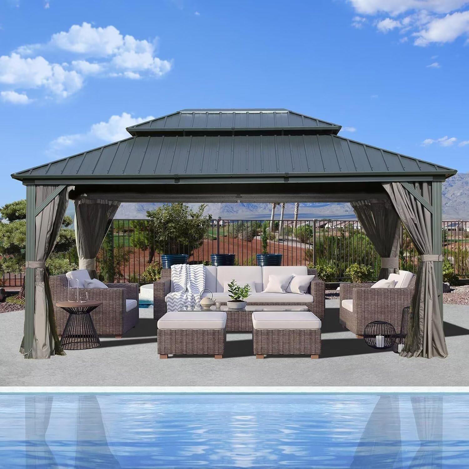 Domi Outdoor Living 12' x 14' Hardtop Gazebo, Galvanized Steel Roof with Curtains and Netting