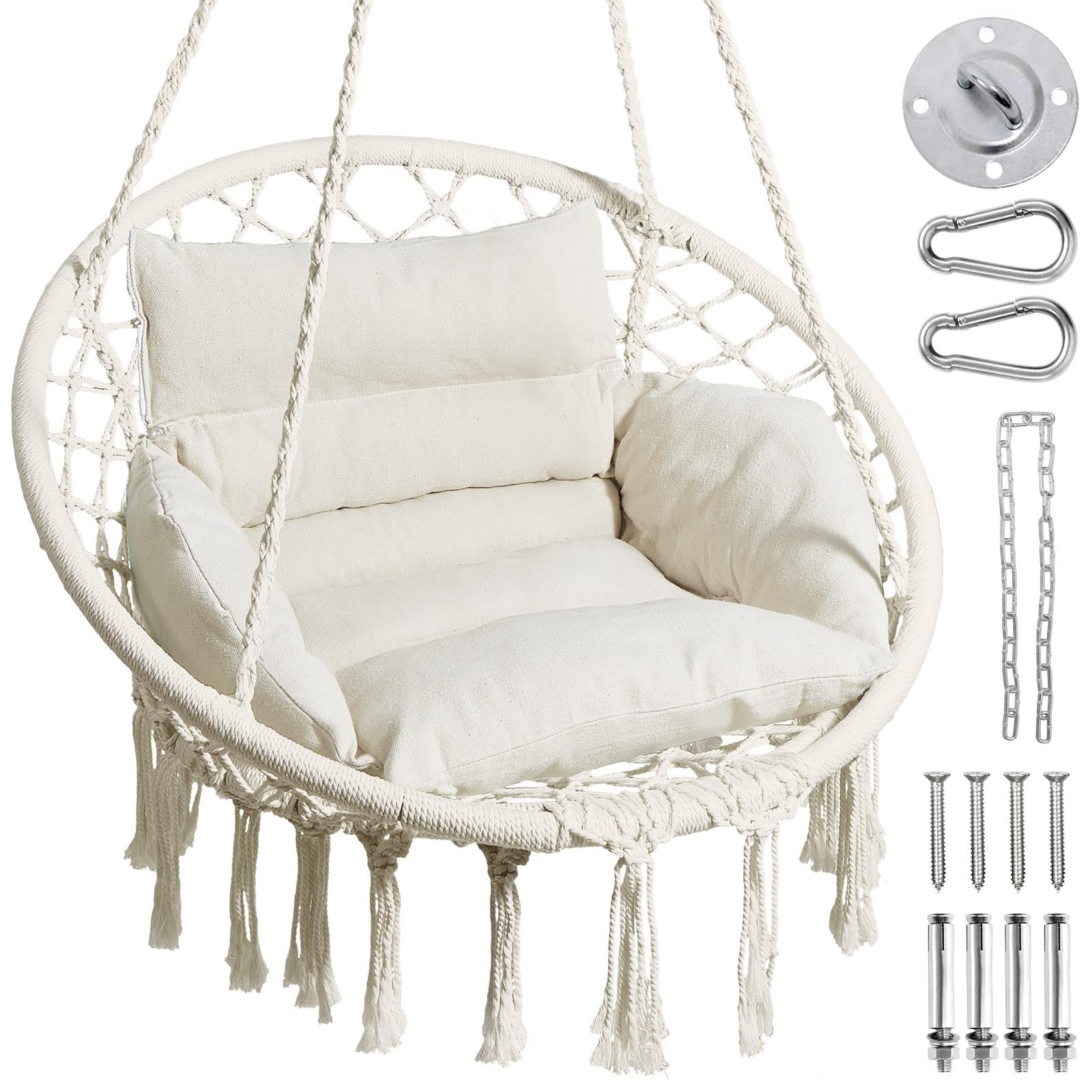 Greenstell Macrame Swing Chair, Boho Hanging Chair, Outdoor & Indoor, Beige