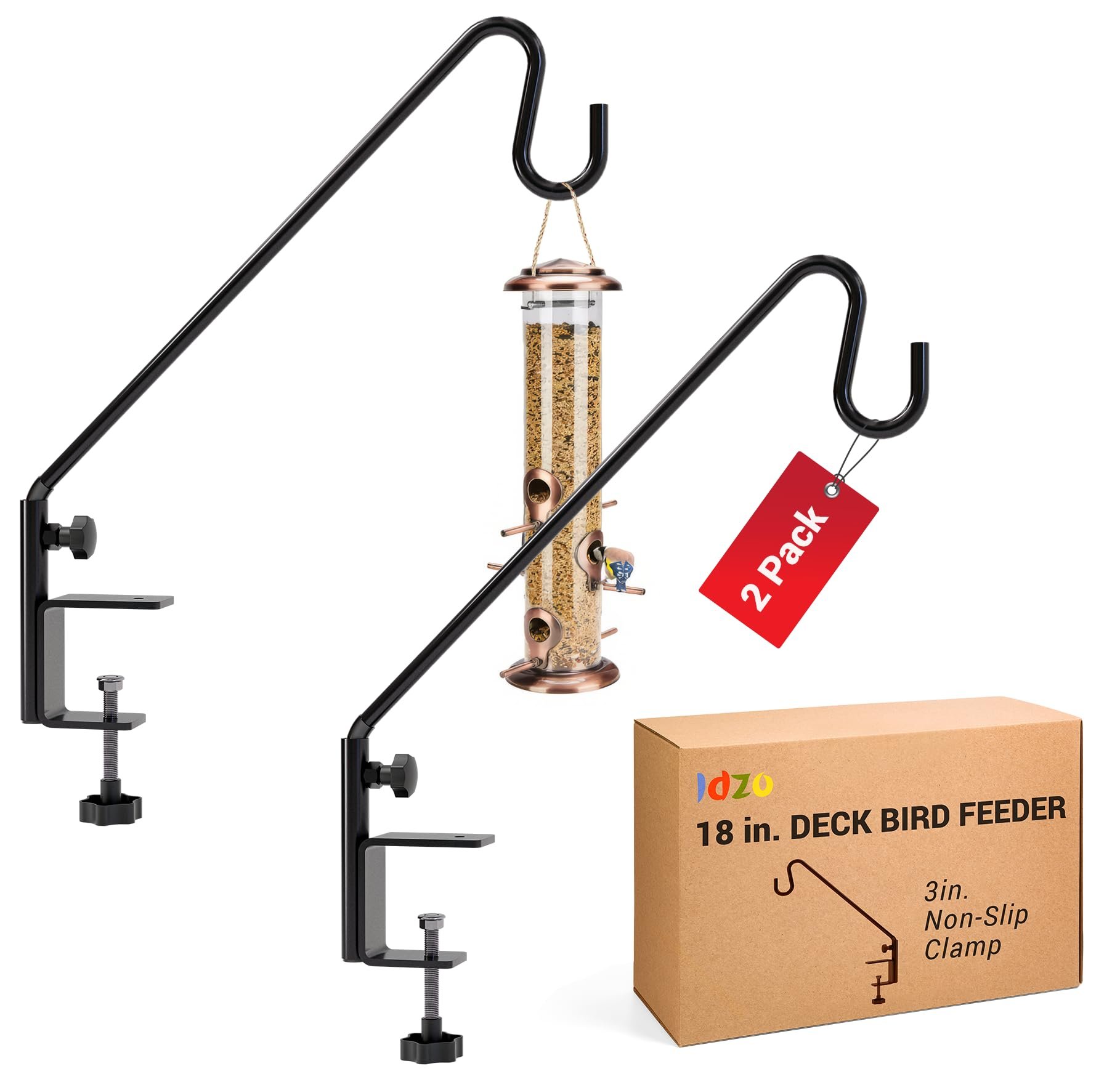 Idzo 18 Inch Railing Hook, Deck Hook for Bird Feeder Pole, 3-Layer Powder-Coated Steel, 2-Pack
