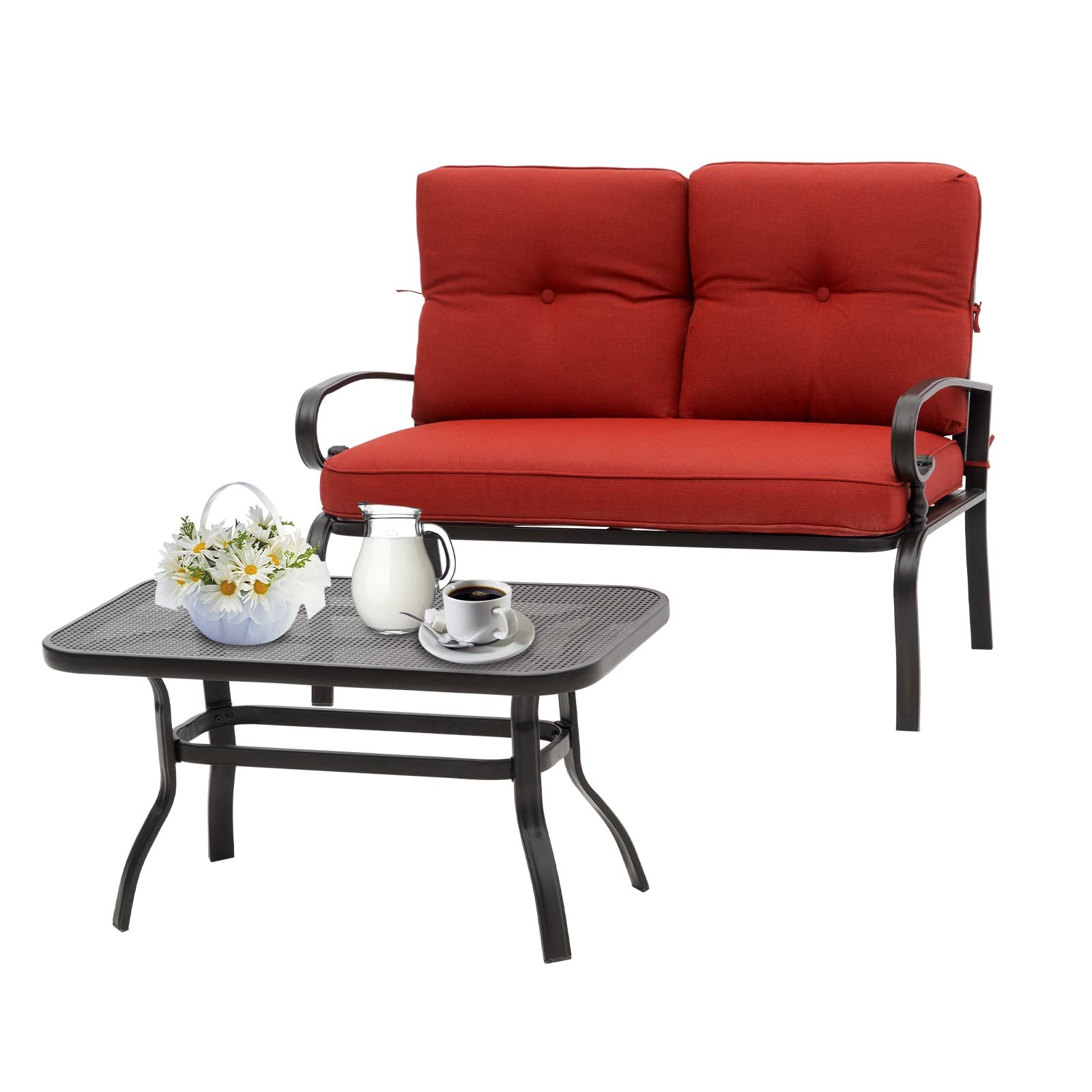Incbruce 2-Piece Wrought Iron Patio Loveseat with Coffee Table, Red Cushion