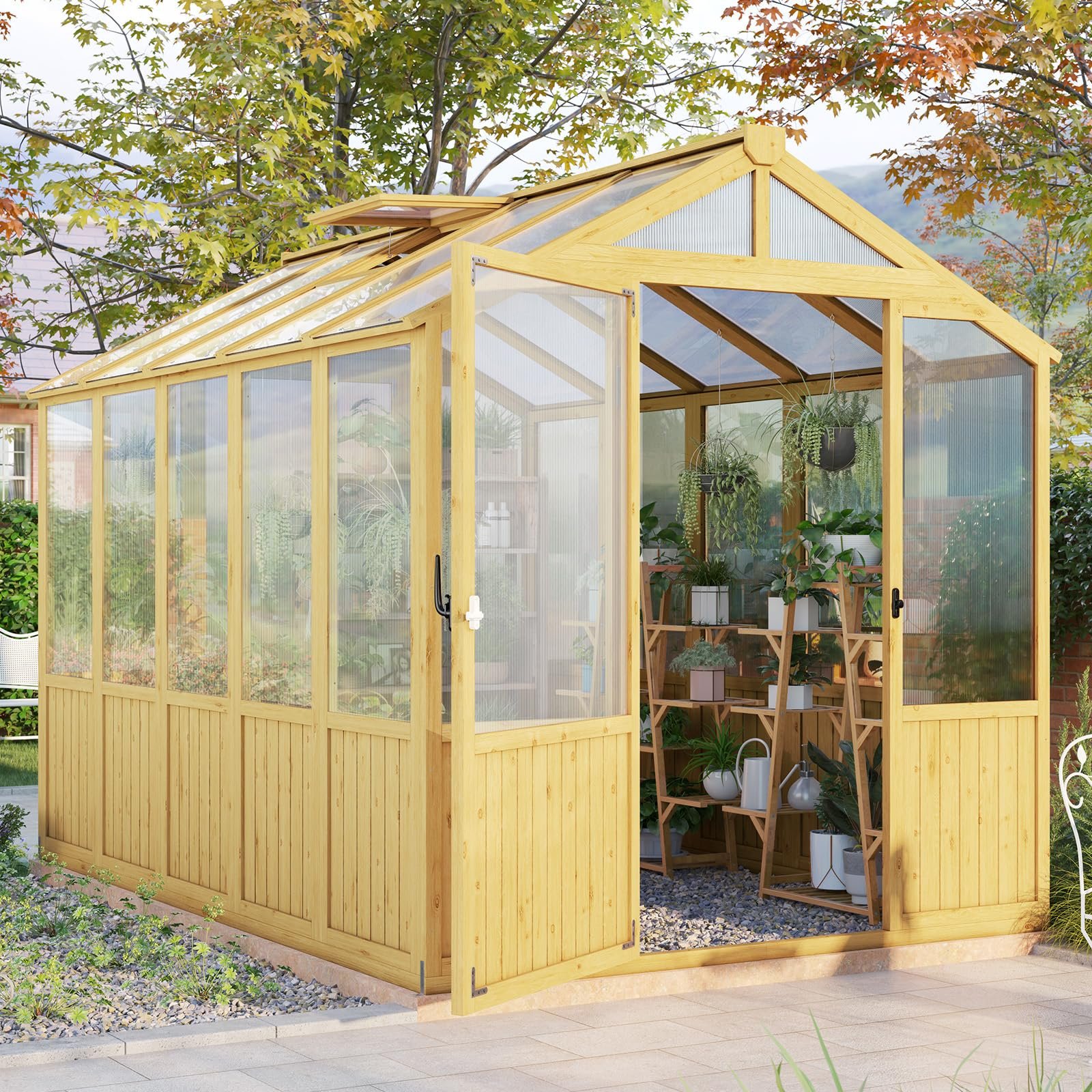 Jocisland 6x8 Ft Wooden Greenhouse, Pre-Assembled Solid Cedar Frame, Walk-in