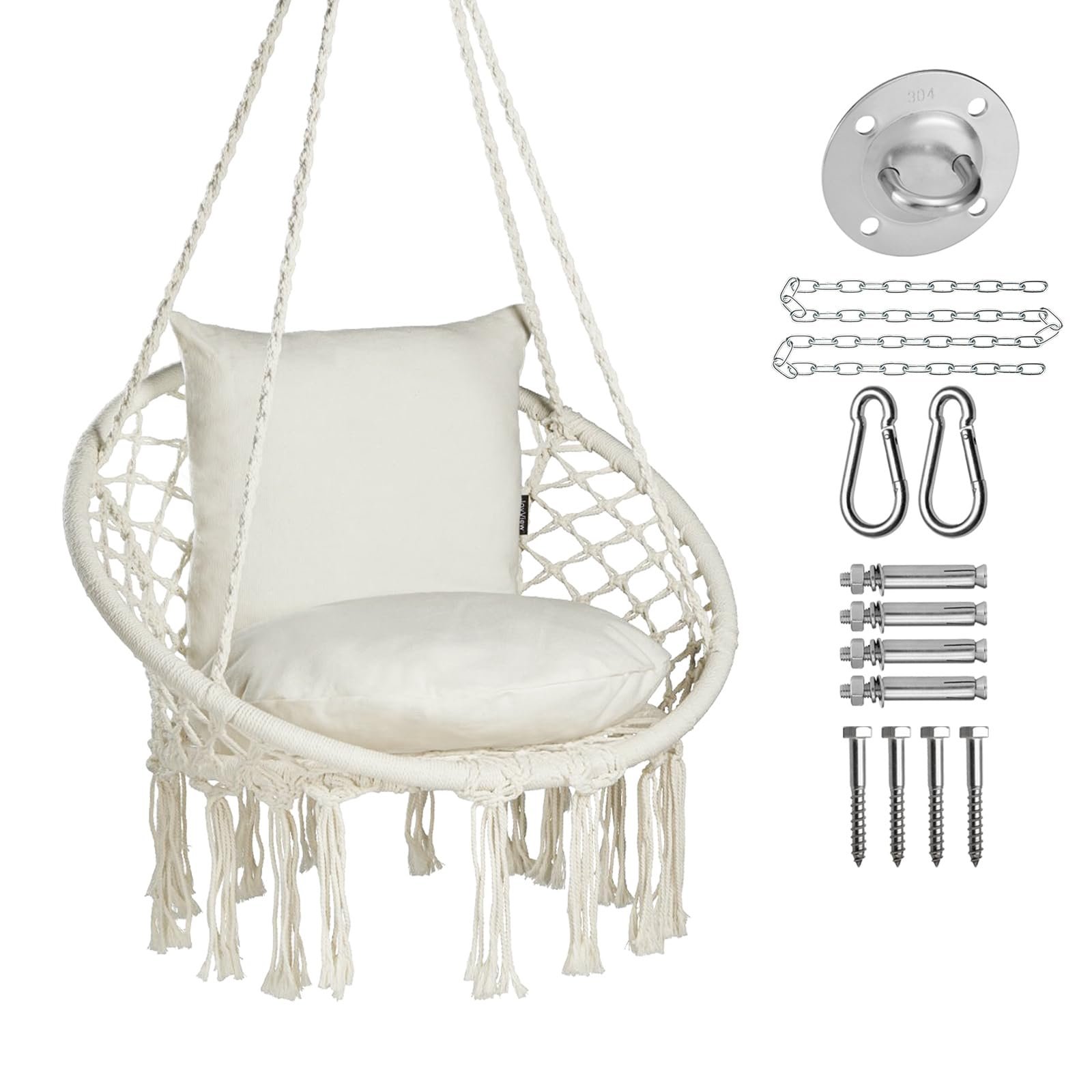 JoyView Macrame Hanging Swing Chair with 2 Cushions, Indoor/Outdoor, Beige