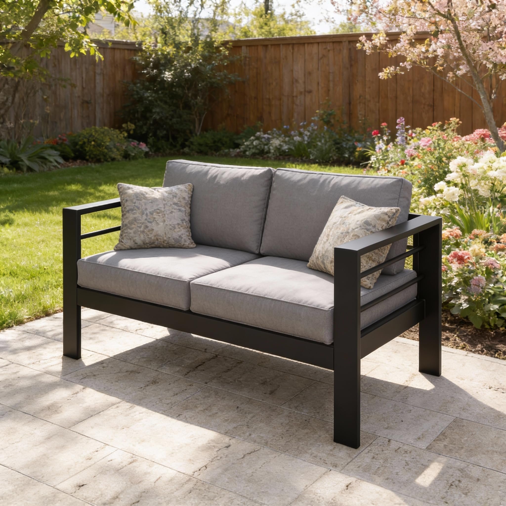 Kiss the Water Outdoor Patio Aluminum Loveseat, 5-Inch Thick Cushion, Wide Arm