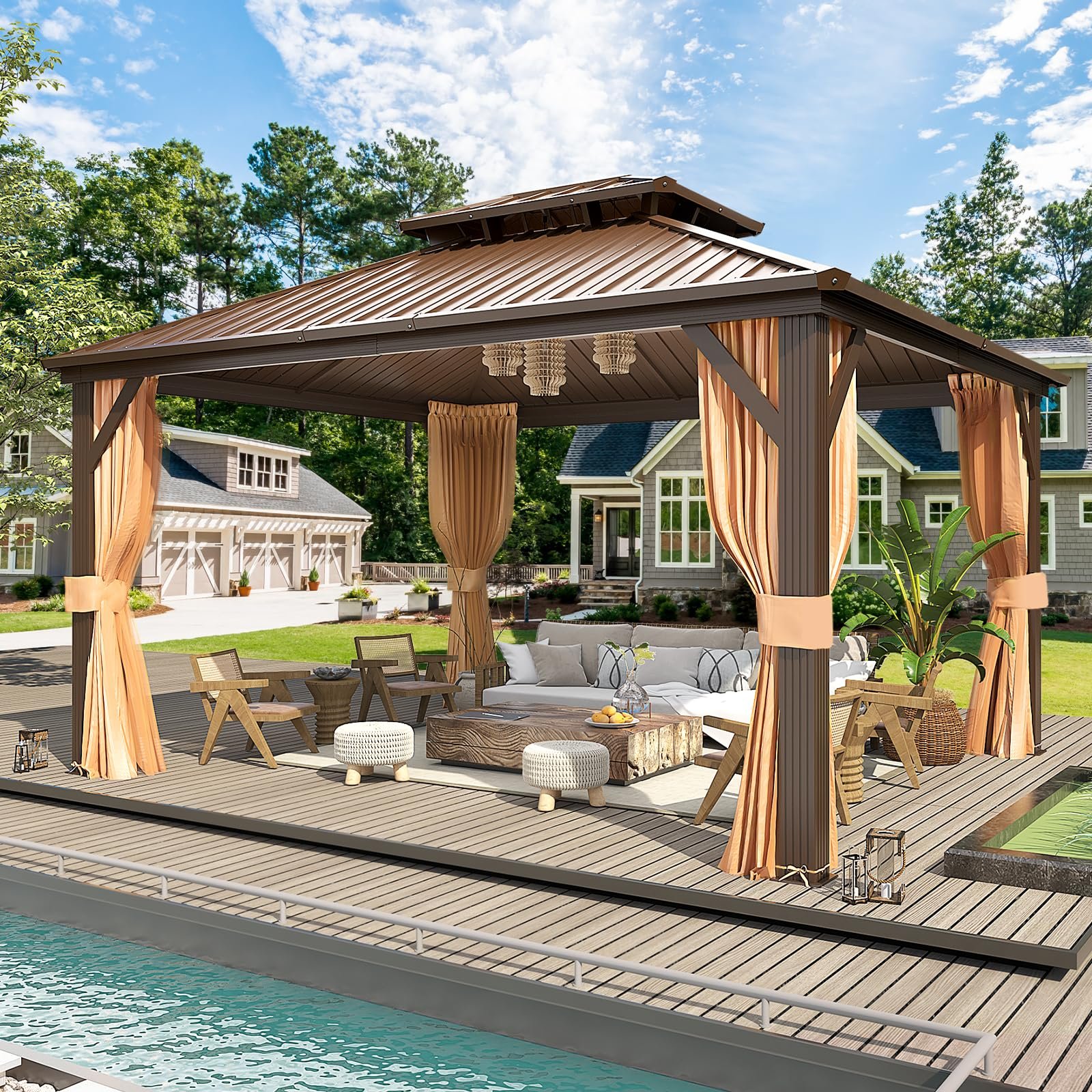 MELLCOM 12' x 14' Hardtop Gazebo, Metal Double Roof Aluminum Gazebo with Curtain and Netting
