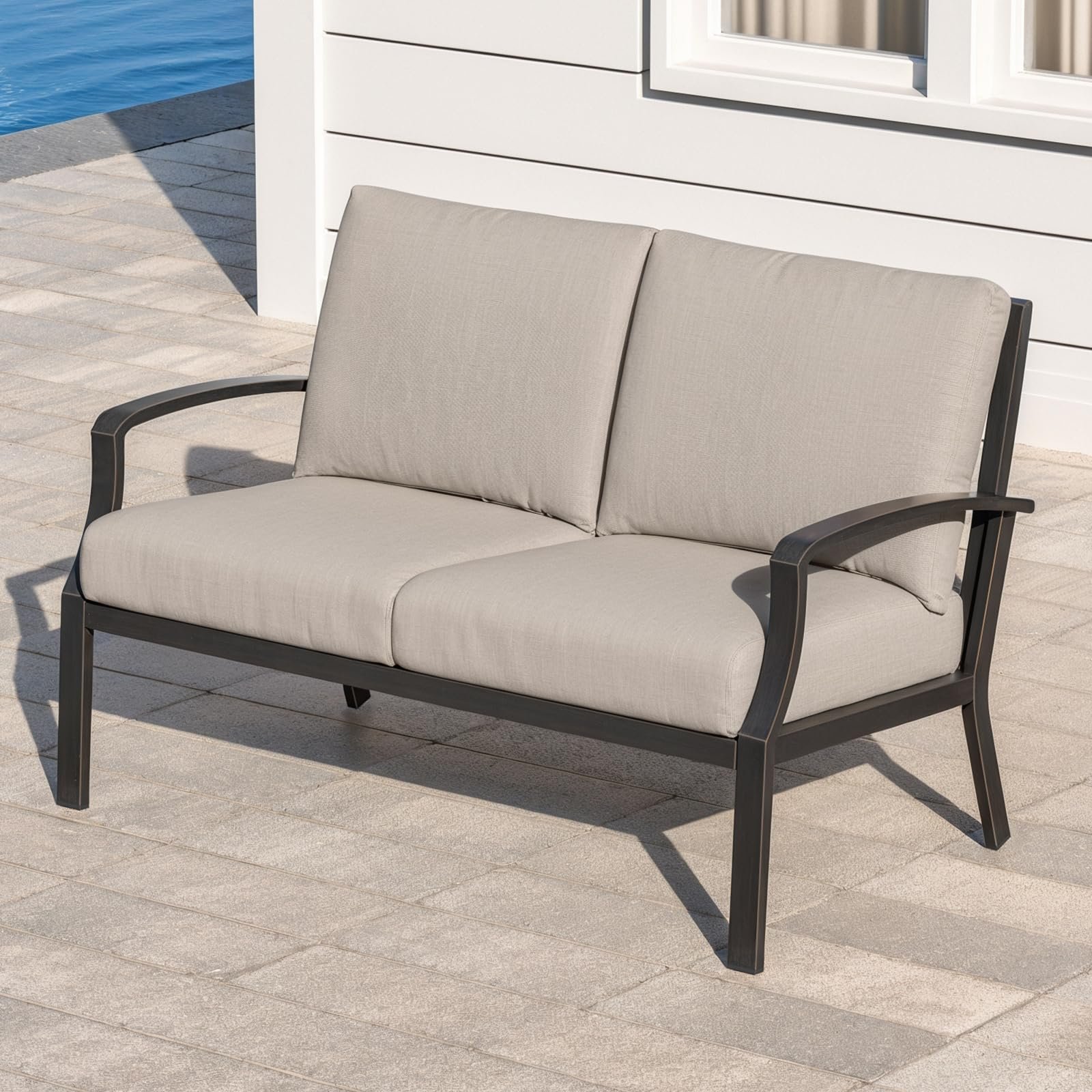Never-Rust Aluminum Outdoor Loveseat, Modern Deep Seat, Dark Bronze