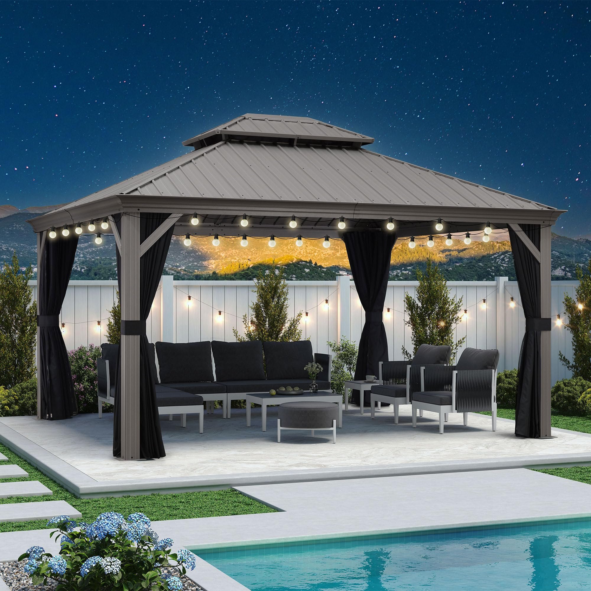 PURPLE LEAF 12' x 14' Permanent Hardtop Gazebo, Galvanized Steel Double Roof