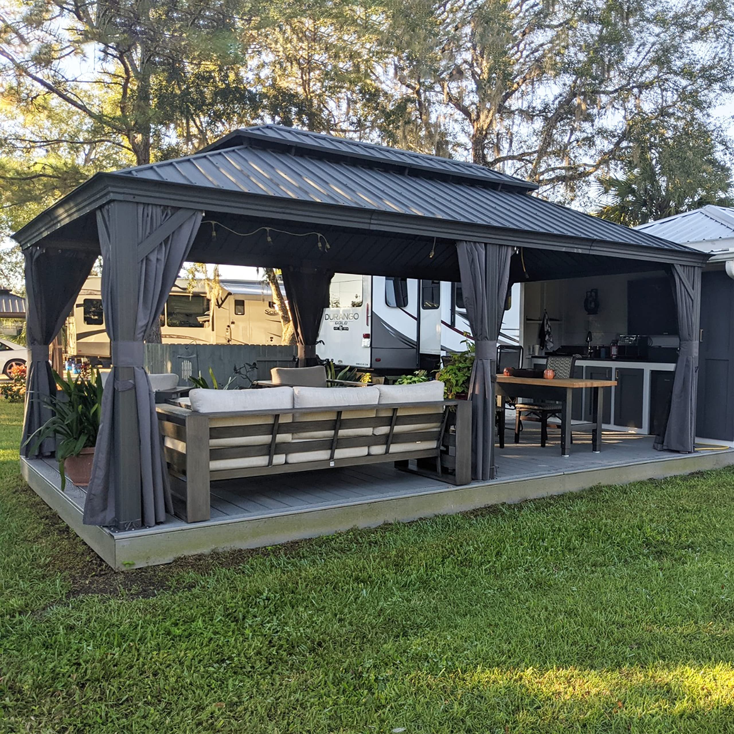 PURPLE LEAF 12' x 20' Permanent Hardtop Gazebo, Aluminum and Galvanized Steel Double Roof