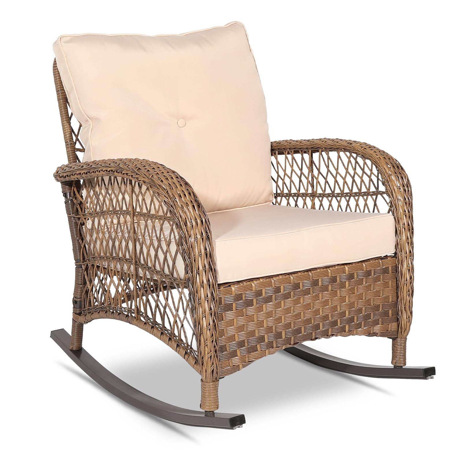VIVIJASON Outdoor Wicker Rocking Chair with Cushions & Steel Frame, All-Weather