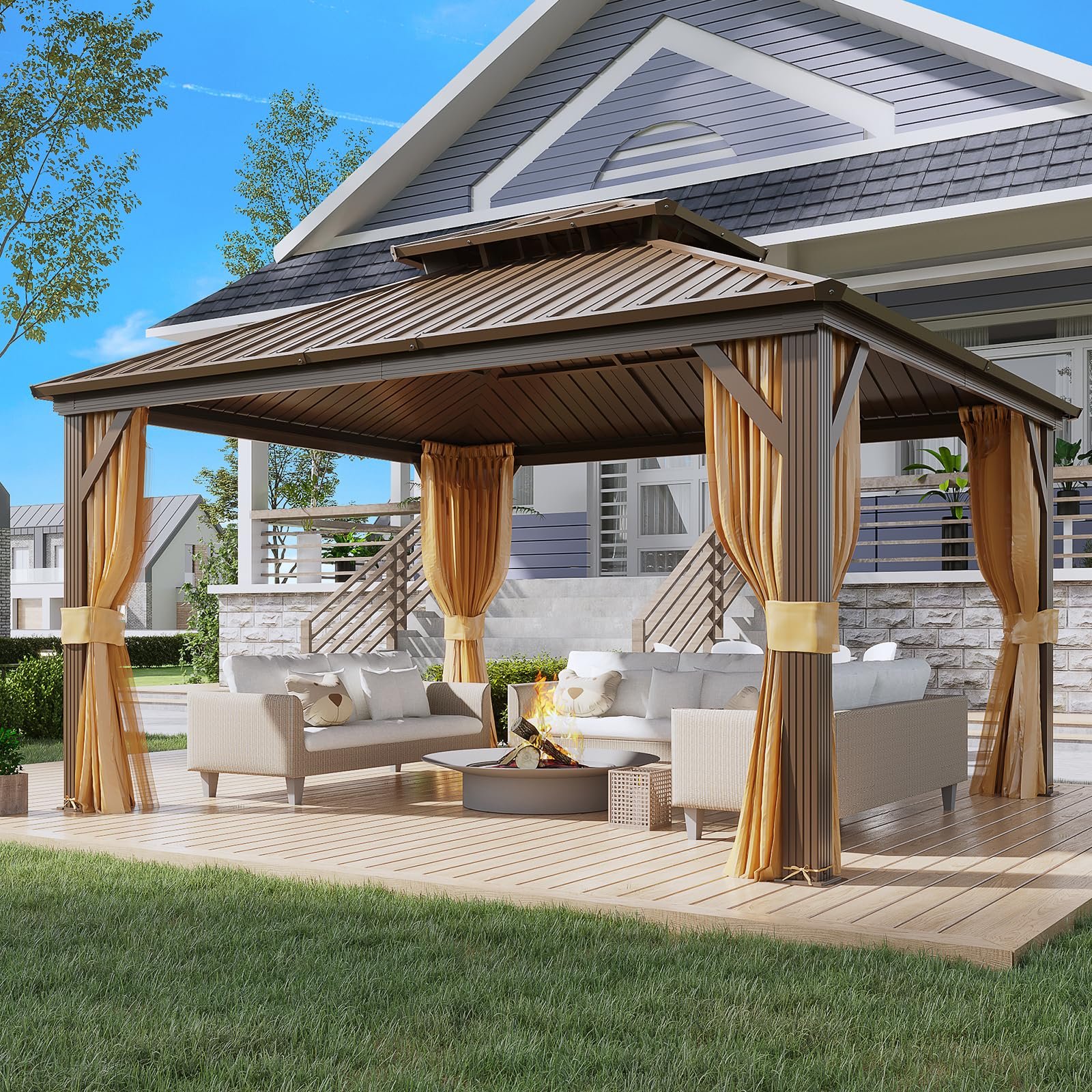 YOLENY 12' x 14' Hardtop Gazebo, Aluminum Frame, Double Galvanized Steel Roof, Curtains and Netting