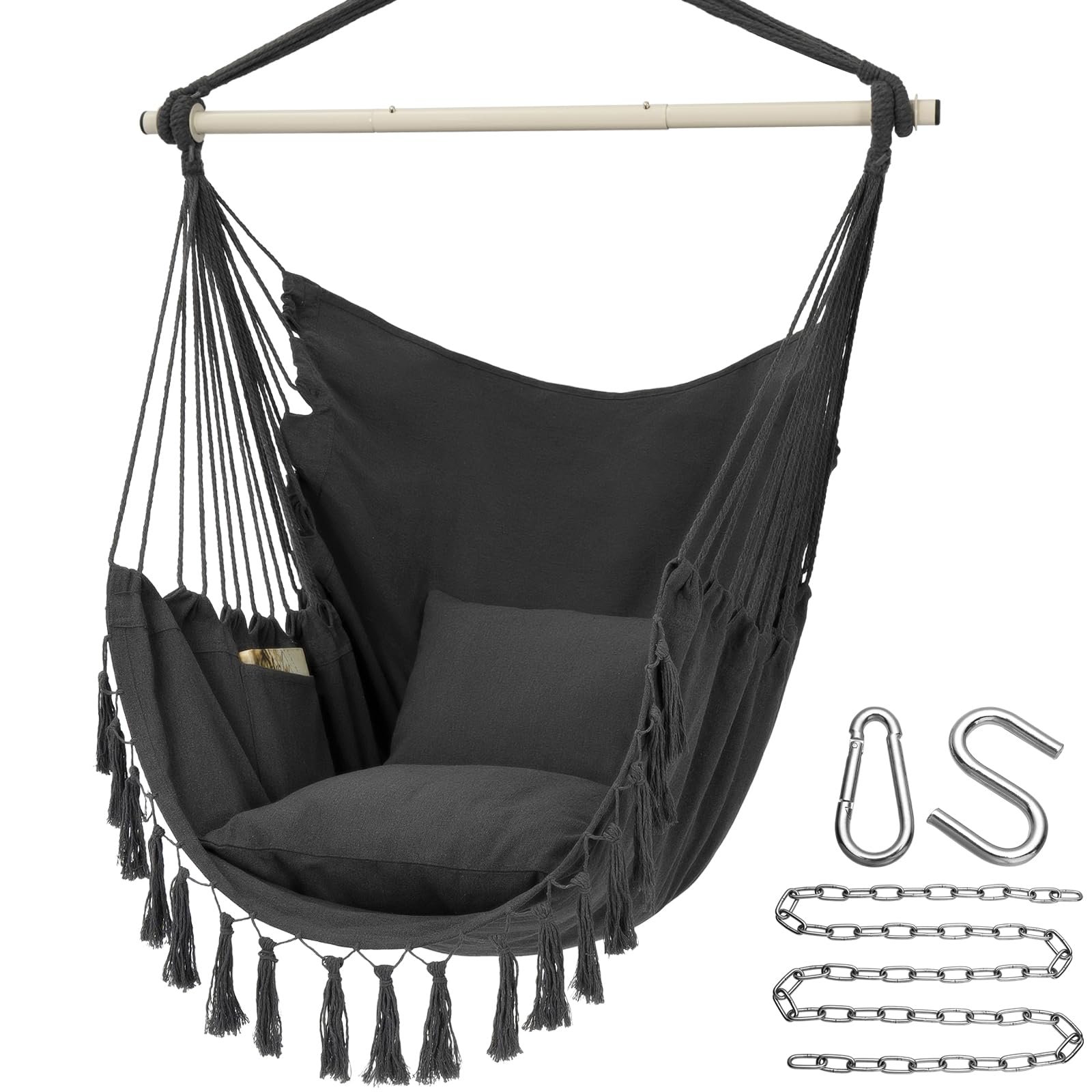 Y-STOP Macrame Hanging Swing Chair with Pocket & Cushions, 500 lb Capacity
